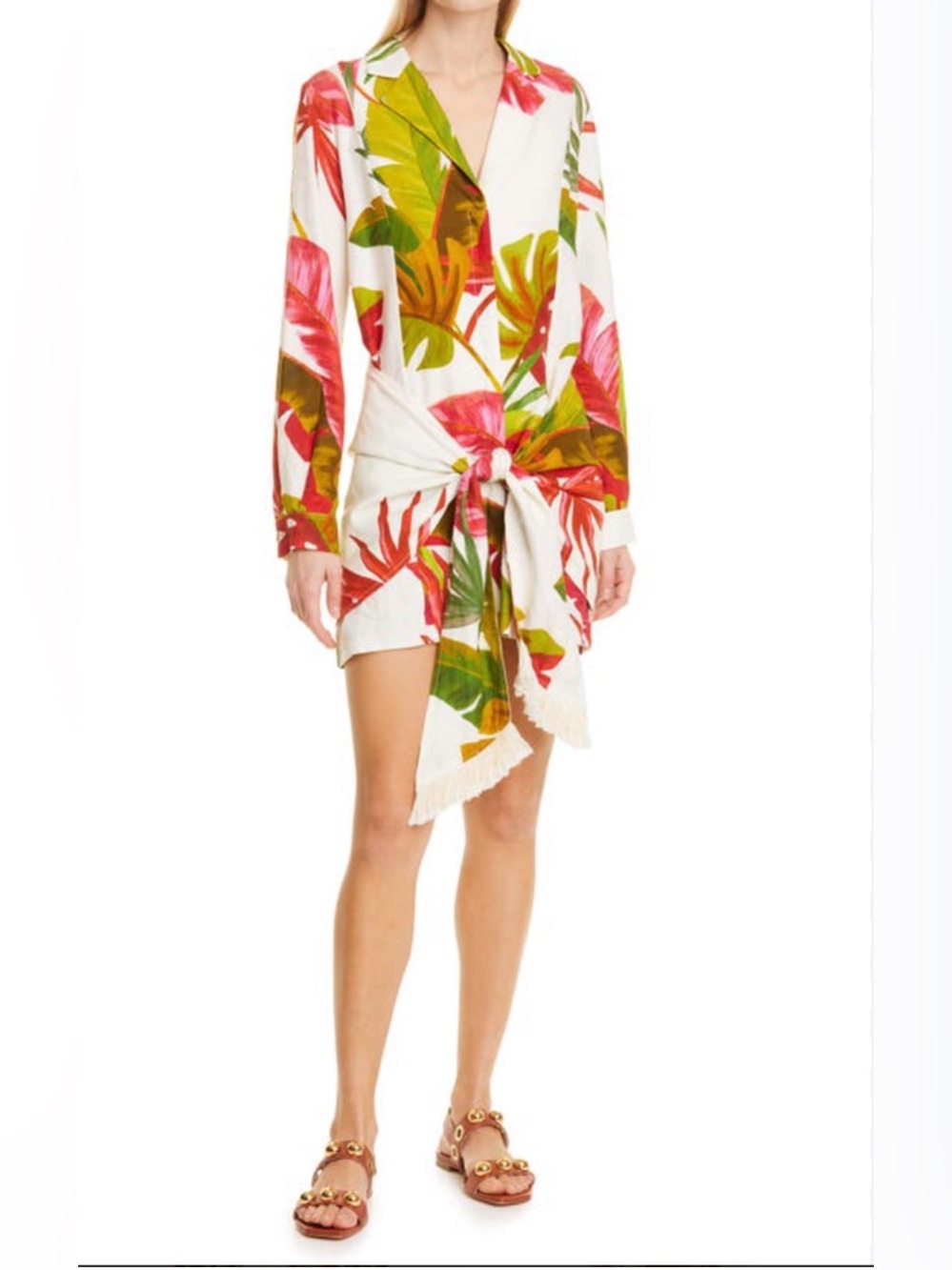 Farm Rio Spring Forest Linen Blend Tie-Waist Mini Shirt Dress Size M